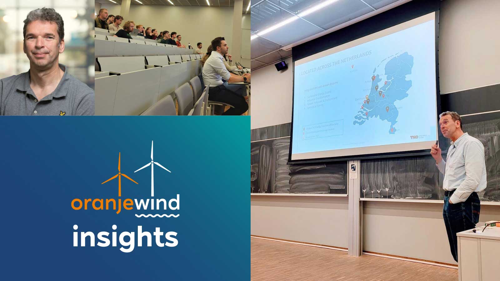 A digital presentation in a lecture hall, showing a map of wind farms in the Netherlands with an audience observing.