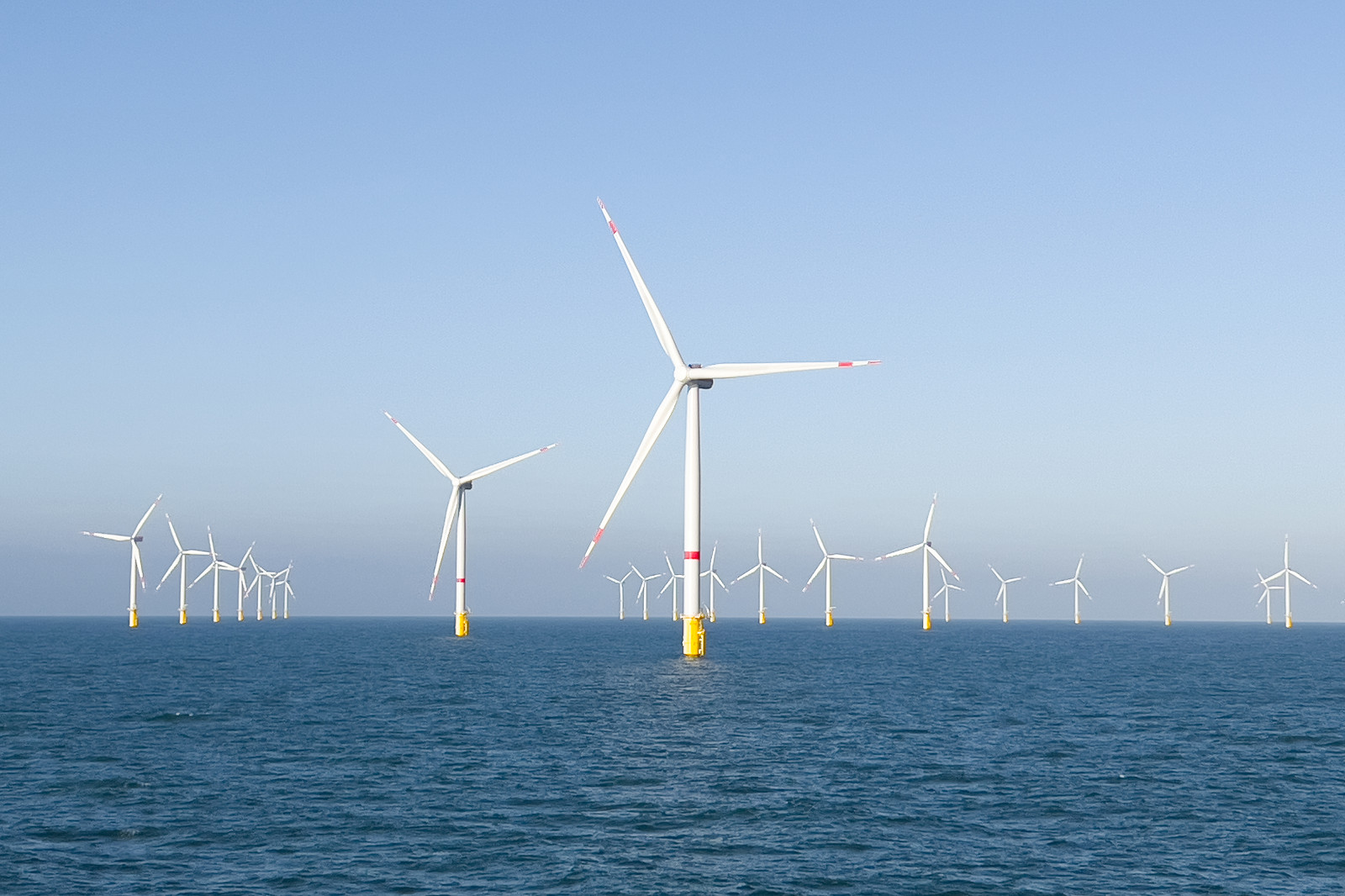 Een serie witte windturbines met rode toppen op gele bases in een rustige zee onder een heldere lucht.