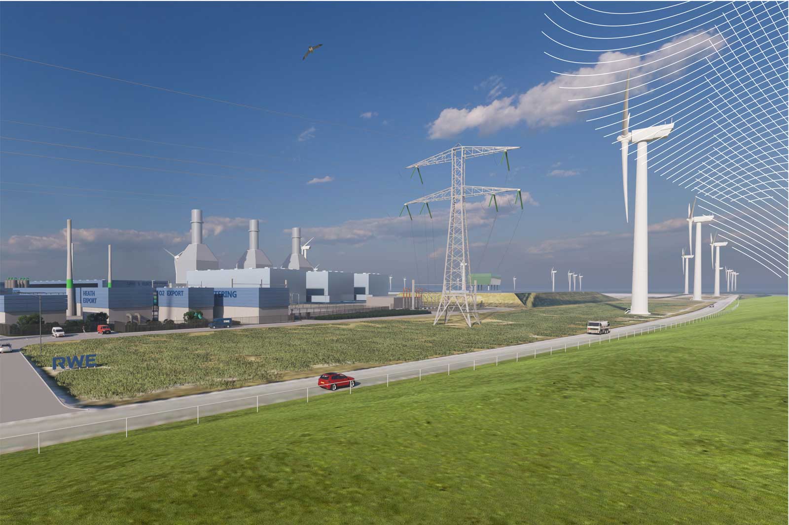 A renewable energy facility showcasing wind turbines, power lines, and a modern industrial building under a clear blue sky.