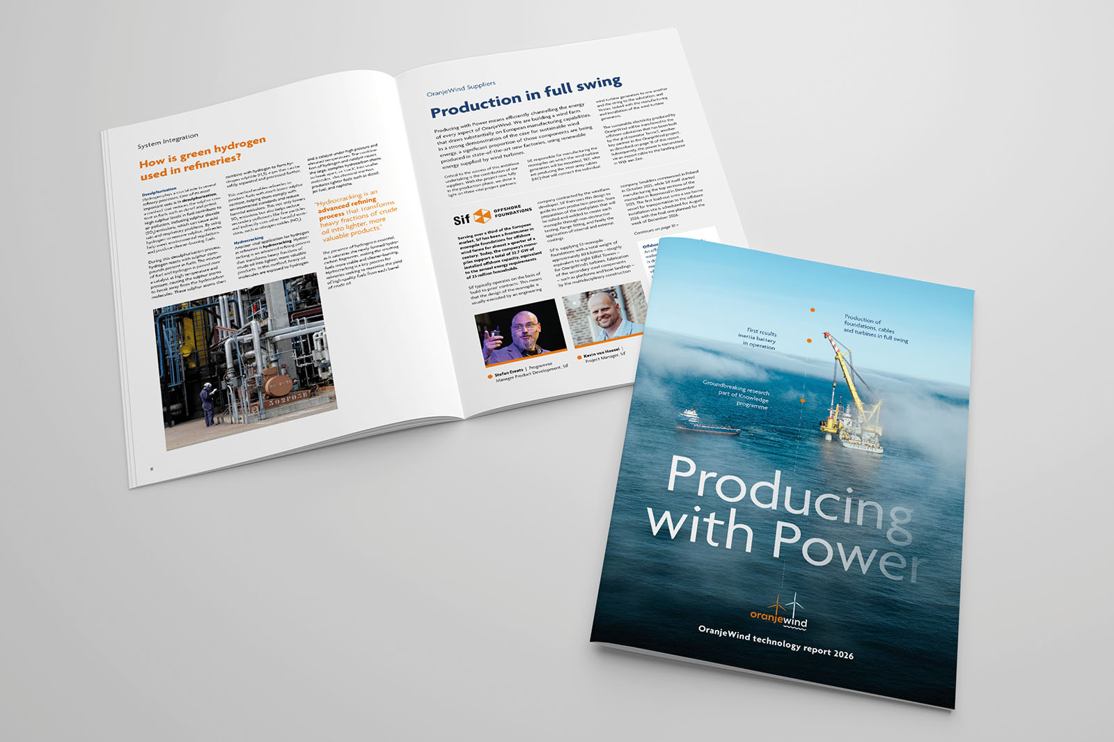 A technology report 2026 titled 'Producing with Power' showing an offshore platform with cables, cranes, and a service vessel on a calm sea.