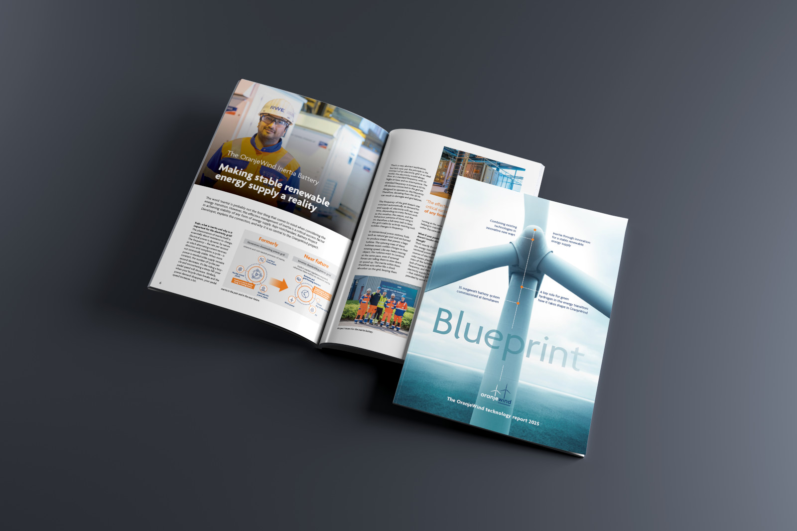 An open magazine showcasing renewable energy innovations, featuring a wind turbine on the cover and informative articles inside.